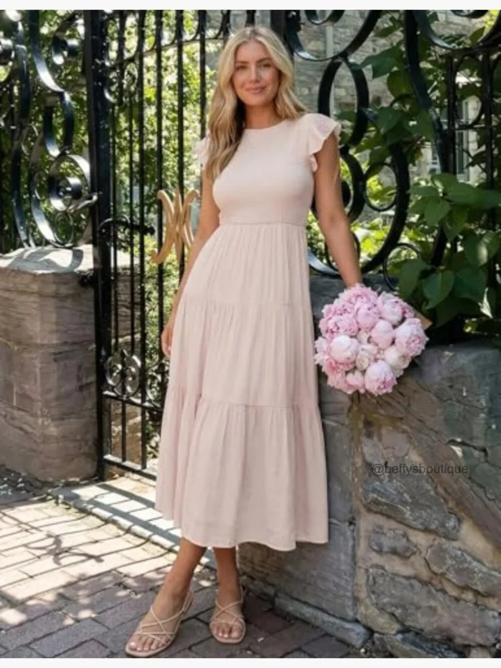Flutter Short Sleeve Smocked Midi Dress - Casual Summer - Picture 2 of 7